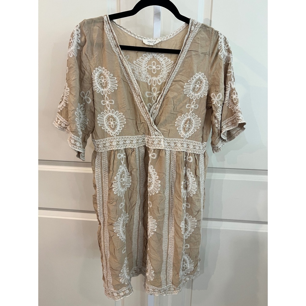 Anthropologie Solitaire Swim Womens Small Tan Embroidered V-Neck Boho Mini Dress